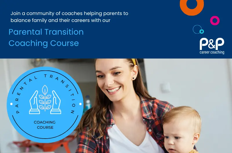 Woman working with her baby while promoting the Parent and Professional Parental Transition Coaching Course for coaches supporting working parents.