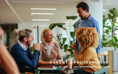Three colleagues in a modern office sit and stand around a table, engaged in a friendly, supportive conversation. A woman seated is smiling while listening, with a notebook and coffee in front of her, while a man stands nearby and another woman gestures as she speaks. The setting includes plants and soft lighting, creating a warm, collaborative atmosphere. The image includes the text “P&P career coaching” in the bottom corner.