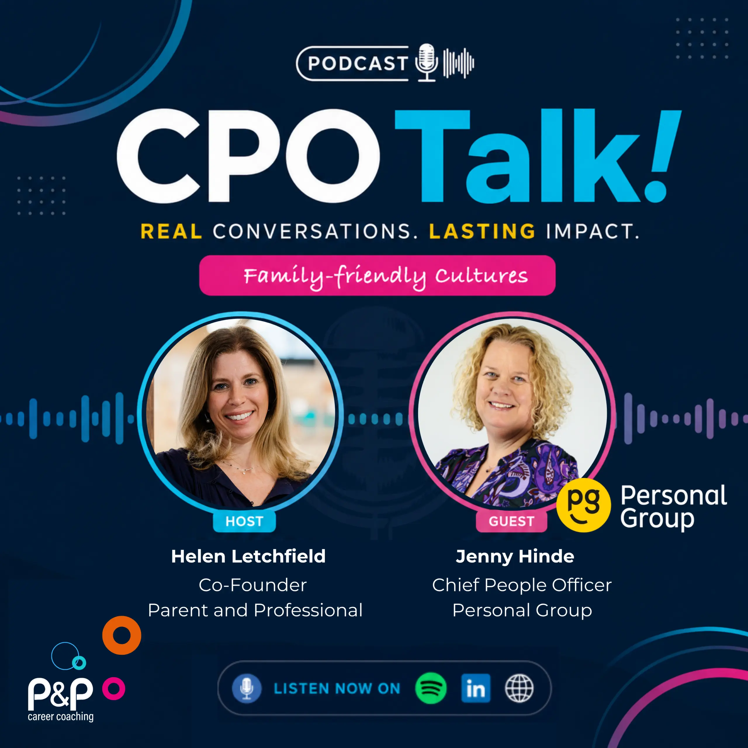 CPO Talk: Family-Friendly Cultures podcast artwork featuring host Helen Letchfield and guest Jenny Hinde from Personal Group. The design uses a dark navy background with bright blue and pink branding accents. At the top is the title “CPO Talk!” with a podcast microphone icon and the tagline “Real Conversations. Lasting Impact.” A pink banner underneath reads “Family-friendly Cultures.” Two circular headshots are displayed side by side: Helen Letchfield labelled as “Host” and described as “Co-Founder, Parent and Professional.” Jenny Hinde labelled as “Guest” and described as “Chief People Officer, Personal Group.” The Personal Group logo appears beside Jenny Hinde’s image. The design also includes: Audio waveform graphics across the middle P&P Career Coaching logo in the lower left corner “Listen Now On” section with Spotify, LinkedIn and website icons at the bottom