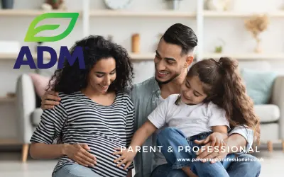 Family sitting together on a sofa at home, with a pregnant mother, father and young daughter looking at a tablet and smiling. The image represents family life, parental transition and workplace support for working parents. The ADM logo appears in the top left corner, with Parent & Professional branding in the bottom right.