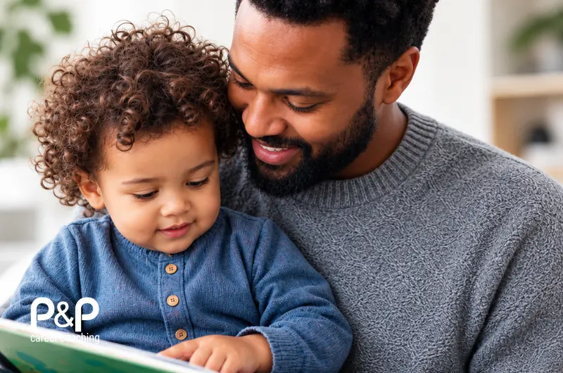 Father reading with his young child, illustrating P&P’s support for men’s wellbeing, fatherhood and work–family balance through the Moments That Matter.
