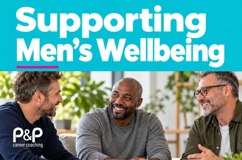 Three men sharing a relaxed conversation beneath the heading “Supporting Men’s Wellbeing”, with P&P career coaching branding.